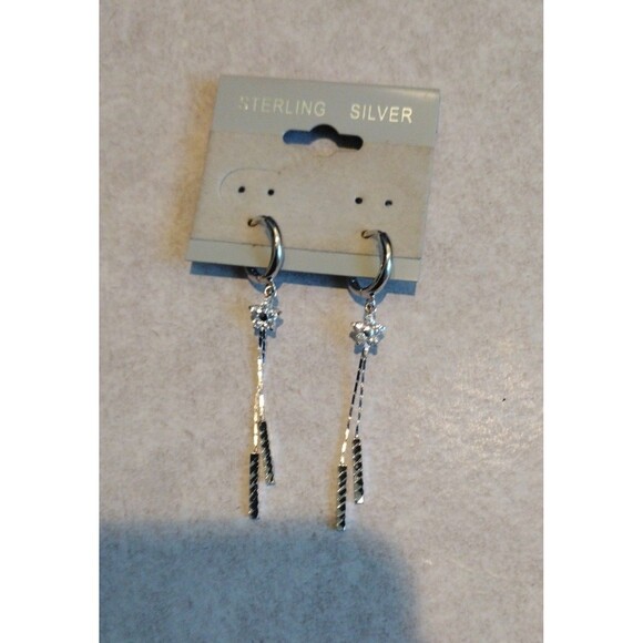 Diamond Pave Starburst Sterling Silver Hoop Drop Earrings - Picture 2 of 5